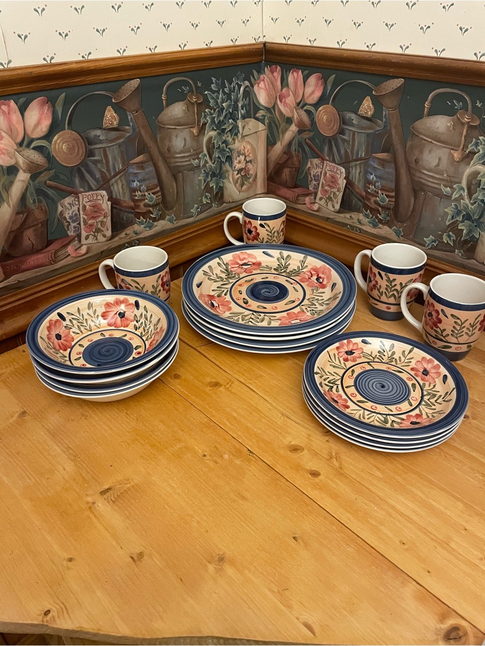 Bali Floral Ceramic Dinnerware Set in Blue, Cream, and Pink - 16 Pieces